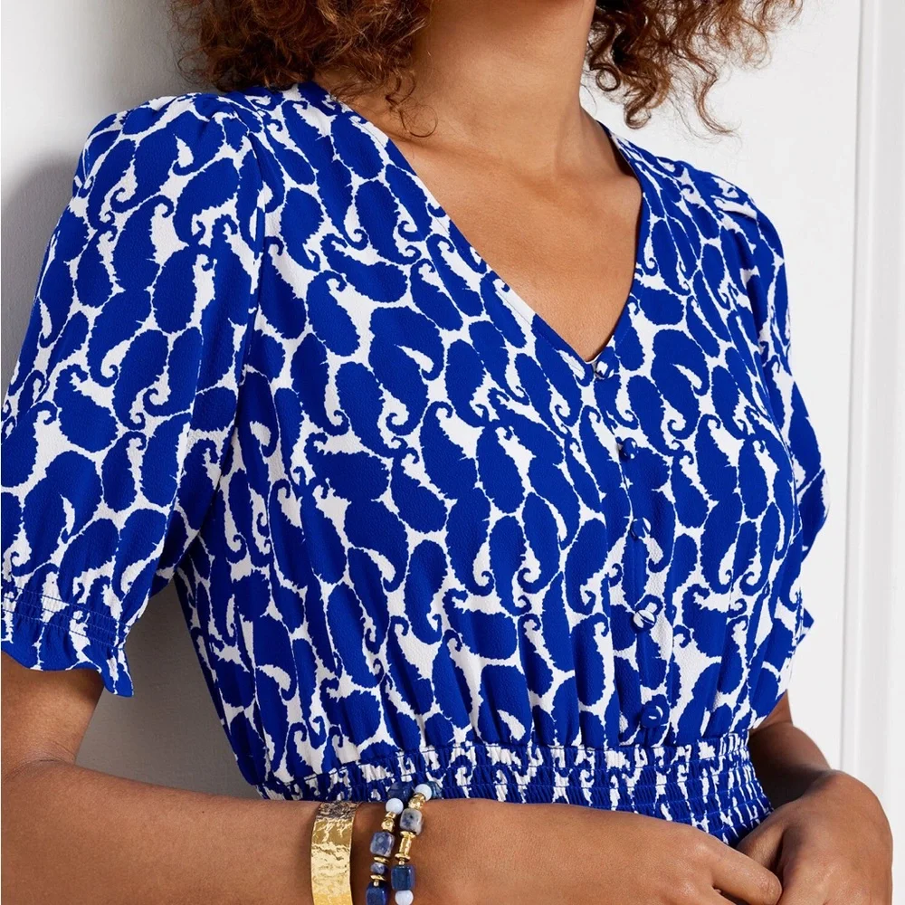 Talbots Size 8 Blue and White Midi Dress Romantic Casual Coastal Butterfly Fairy - Picture 2 of 11